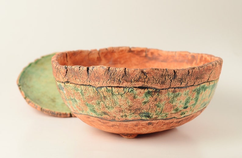 Large rustic ceramic planter pot with drainage and saucer