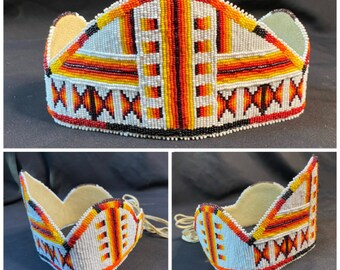 Fully Beaded Sunburst Orange White Design Crown - Handmade Native American Powwow Regalia