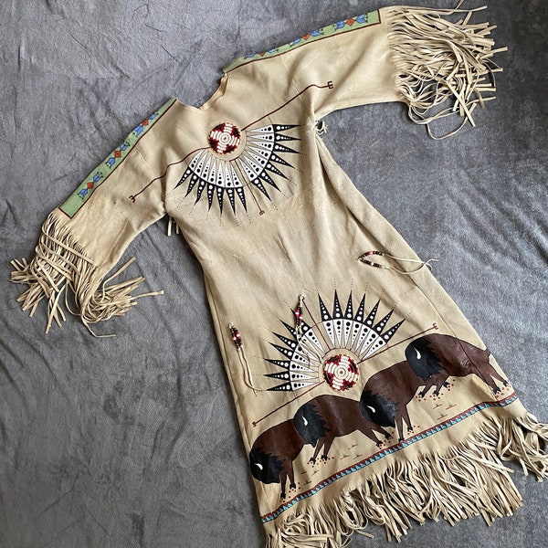 Painted Traditional Dress with Fringe - Handmade Native American Art