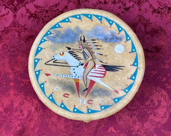 Ledger Art Painted Small Drum - Handmade Native American Art