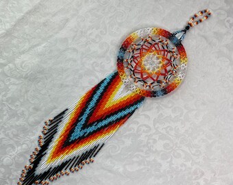 Orange Blue Fully Beaded 3D Dreamcatcher with Fringe - Handmade Native American Art