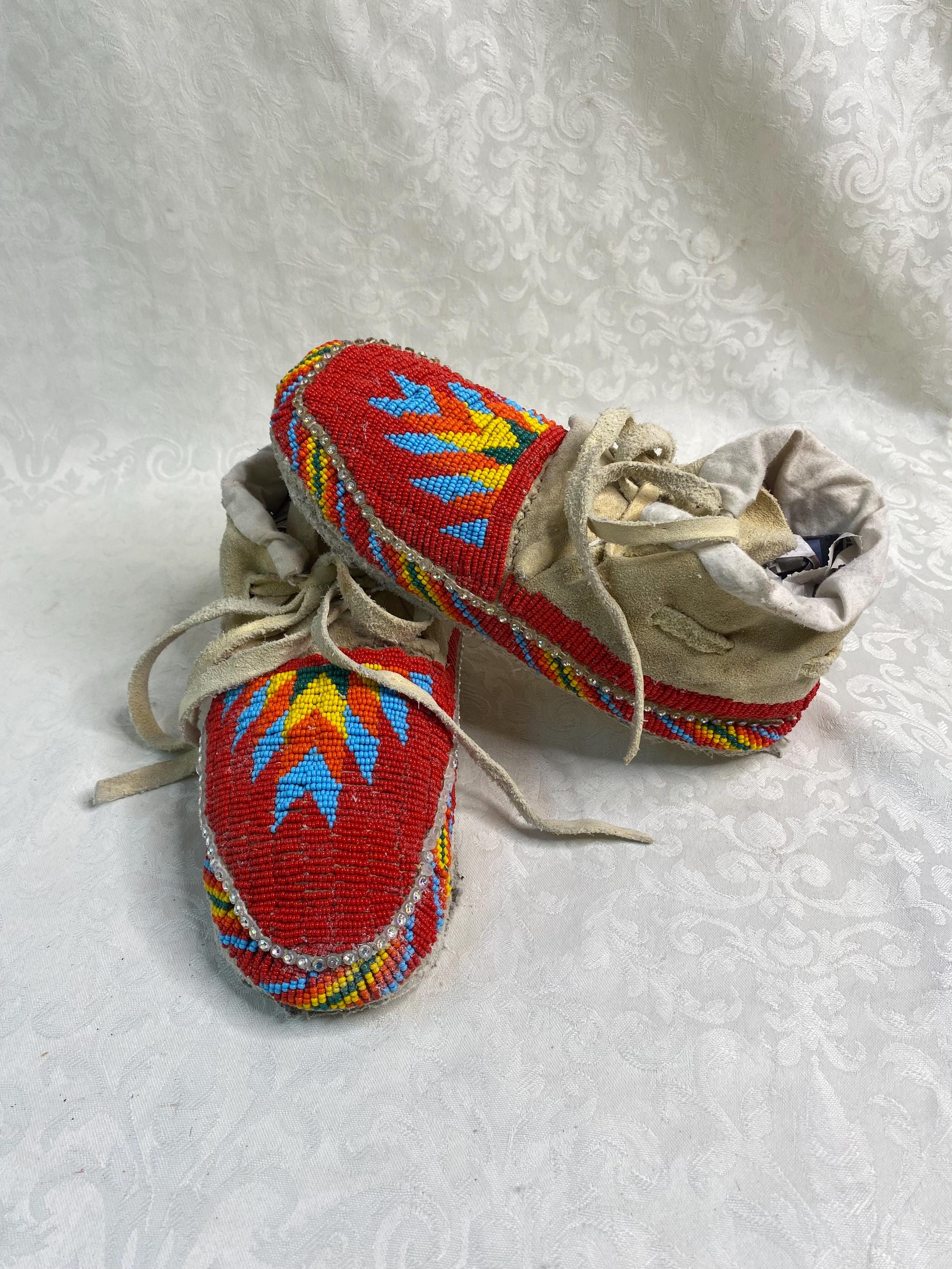 Red Geometric Design Fully Beaded Adult Moccasins Handmade