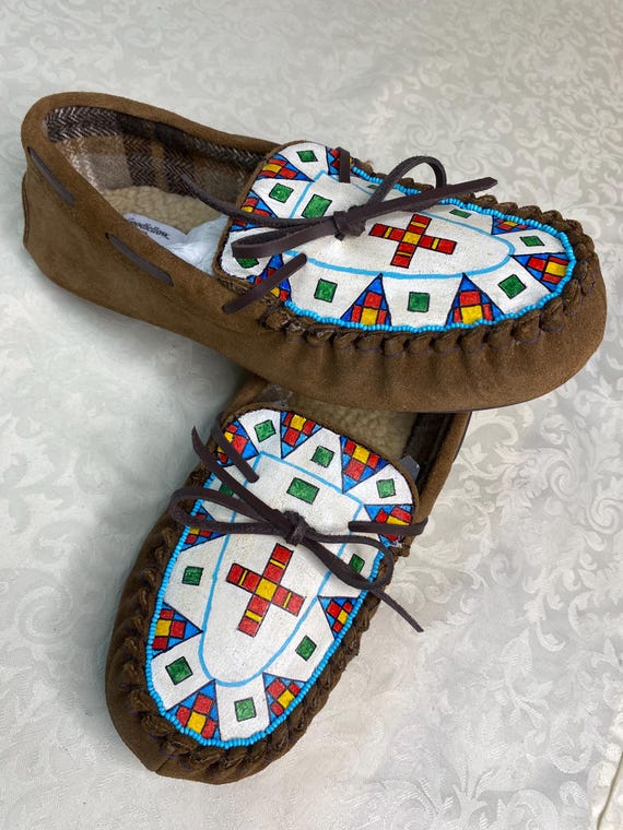Geometric Design Painted Slippers Native American Ledger Art
