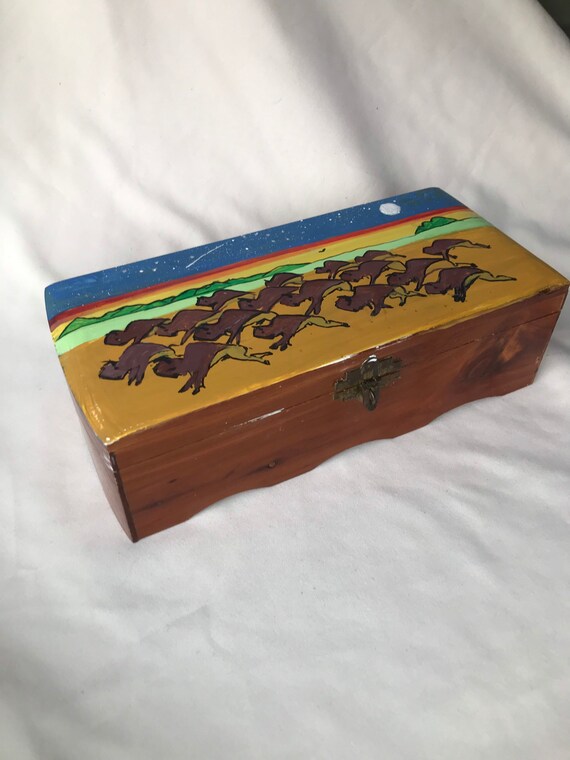 Painted Ledger Art Buffalo Design Wooden Jewelry Box Native Etsy