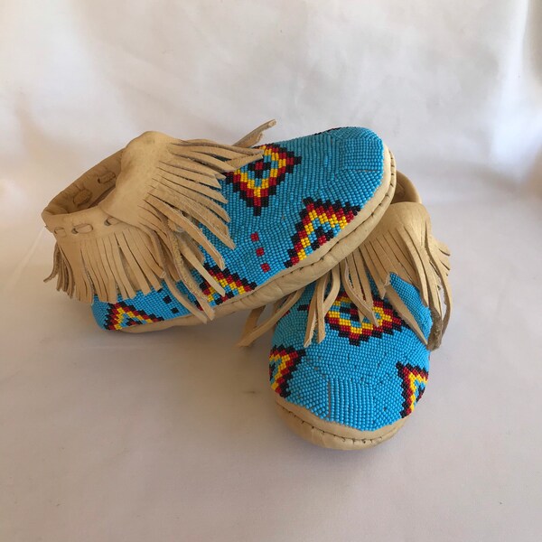 Fully Beaded Moccasins Buffalo Hide size pictured - Handmade Native American Powwow Regalia