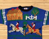Vintage 1990s PBJ Sport Fox Hunt Womens Sweater Cotton Blend Hunting All Over Graphic Size Medium