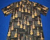Vintage Pacific Legend Apparel C. F. Martin Embroidered Sleeve Logo Guitar Print Cotton Button Front Hawaiian Shirt Size Large Made in USA