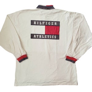 Vintage 1990s Tommy Hilfiger Polo Shirt Long Sleeve Large Flag Patch Spellout Size XL (A3)