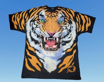 Vintage 1990s Liquid Blue Tiger Tshirt All Over Print Big Cat Graphic Crewneck Bengal White Size XXL Made in USA
