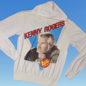 Vintage 1980s Kenny Rogers Hooded Shirt Thin Sweatshirt 1985 Concert Tour Size Small Music Souvenir Band Tee (A8)