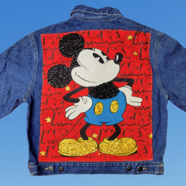Vintage des années 1990 Walt Disney J.G. Veste en jean Hook courte, manteau en jean court Mickey & Co Mouse à sequins, junior, taille L