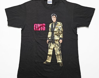 Vintage 1989 Elvis Presley Tshirt Metallic Gold Graphic Hanes Crewneck Size Large (19.5" X 28") Made in USA