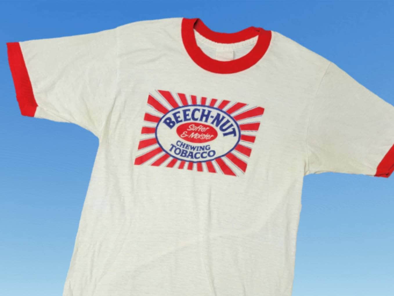 Vintage 1980s Beech Nut Chewing Tobacco Tshirt Eberts Sportswear Ringer  Single Stitch Size Medium Made in USA