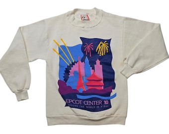 Vintage 1980s Epcot Center 10 Sweatshirt Disney Designs Around The World in a Day Crewneck Size Small Made in USA