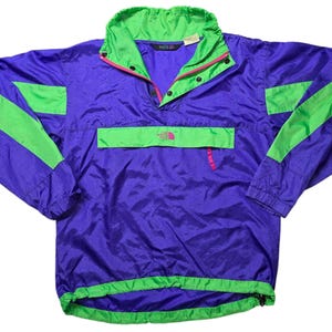 Vintage 1990s The North Face Windbreaker 1/2 Zip Pullover Green Purple Nylon Jacket Size XS