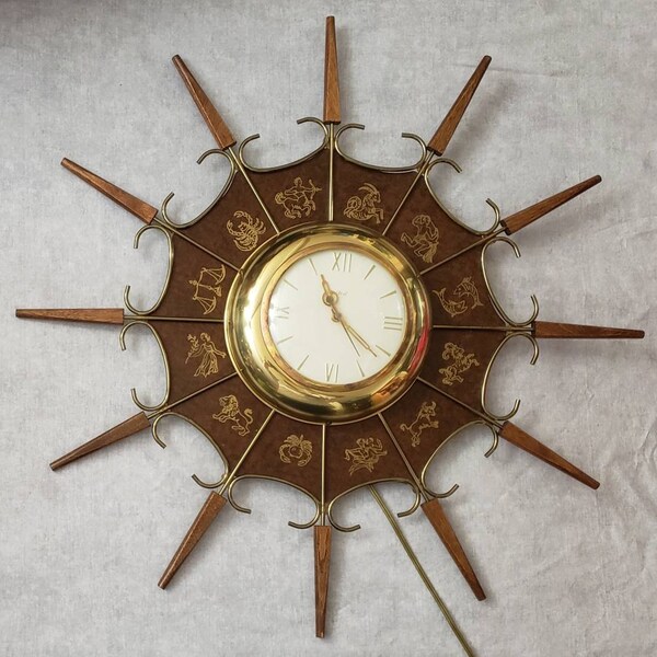 Vintage 1960s United Zodiac Wall Clock Electric Horoscope Starburst Mid Century Modern MCM 24" Made in USA Sunburst Works