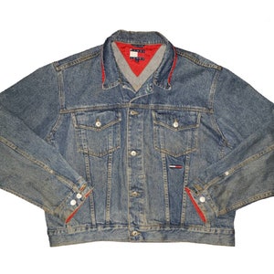 Vintage 1990s Tommy Hilfiger Jeans Denim Jacket Flag Red Collar Cuffs Size XL image 1