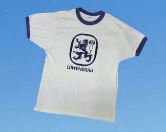 Vintage 1980s Lowenbrau Tshirt Ringer Style Single Stitch Beer Logo Size Small