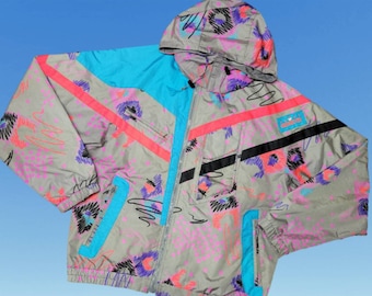 Vintage 1990s Obermeyer Sport Jacket Full Zip Hooded Lightweight Ski Coat All Over Abstract Print Womens Size Large