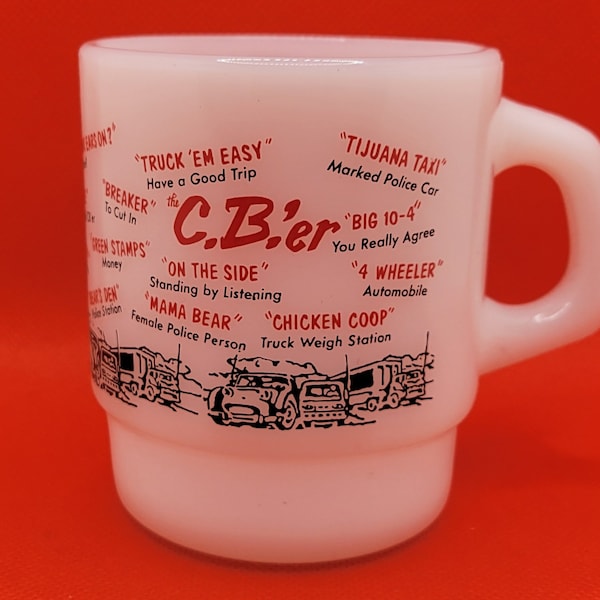 Vintage 1970s Fire King CB Radio Milk Glass Mug Truck Driver CB'er Lingo