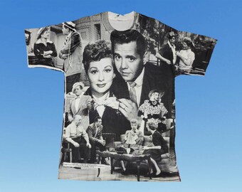 Vintage 1990s I Love Lucy Tshirt All Over Print Graphic Crewneck AOP Single Stitch Size Large Made in USA Television Show TV Sitcom