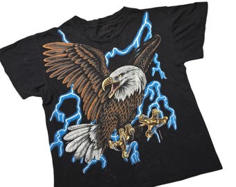 Vintage 1990s USA Thunder Bald Eagle Tshirt All Over Lightning Print Size XL