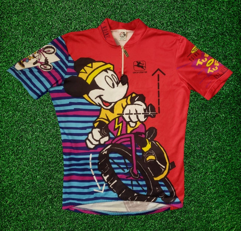 Vintage 1990s Giordana Disney Cycling Jersey Mickey Mouse All Over Print Bib Shirt Size Medium Made in Italy