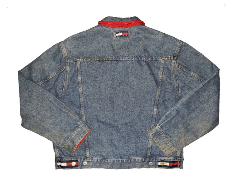 Vintage 1990s Tommy Hilfiger Jeans Denim Jacket Flag Red Collar Cuffs Size XL image 2
