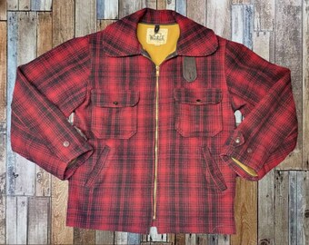 Vintage 1960s Woolrich Barn Coat Full Zip Buffalo Red Plaid Hunting Jacket Size 36 Small Made in USA