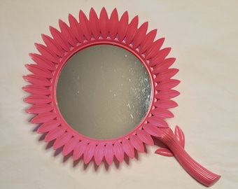 Vintage 1990s Sunflower Hanging Mirror Pink Plastic Flower 16.5" X 11" Mod Retro Decor