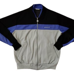 Vintage 1980s Adidas Track Jacket Embroidered Trefoil Logo Colorblock Full Zip Polyester Blend Size Large Run DMC Hip Hop (A10)