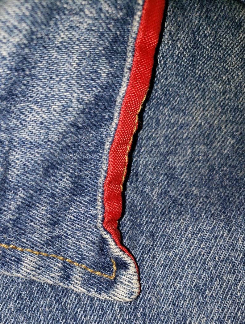 Vintage 1990s Tommy Hilfiger Jeans Denim Jacket Flag Red Collar Cuffs Size XL image 5