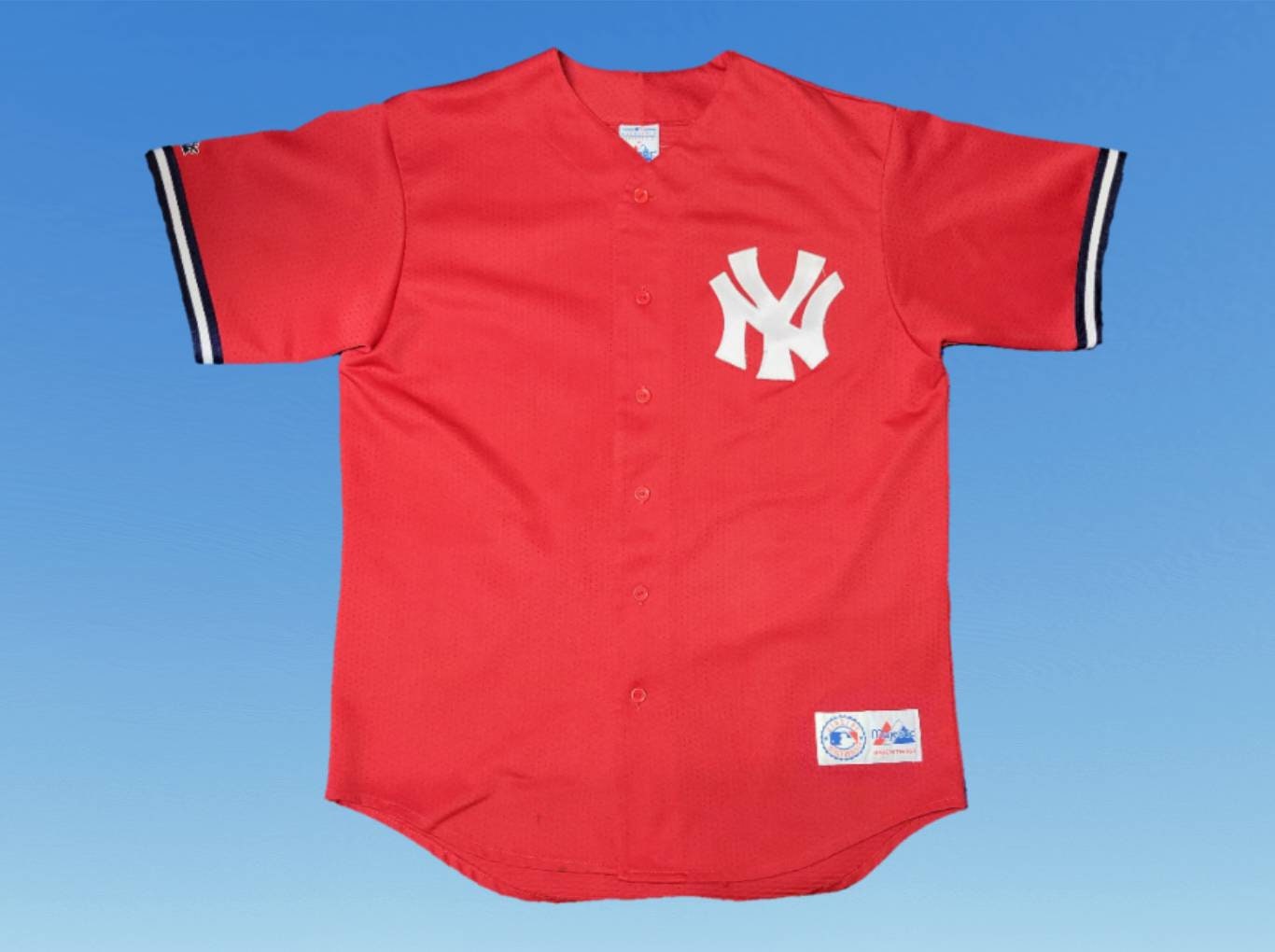 Vintage 1990s Majestic New York Yankees Jersey Red Blank Back MLB Baseball Uniform Size Large Made in USA (A6)