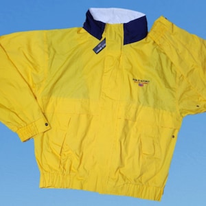 Vintage 1990s Ralph Lauren Polo Sport Full Zip Windbreaker Jacket Yellow Hideaway Hood Size Medium