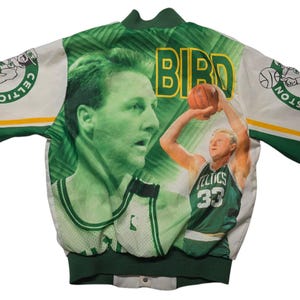 Vintage 1990s Chalkline Larry Bird Satin Jacket Fanimation Boston Celtics All Over Print Size Small Made in USA