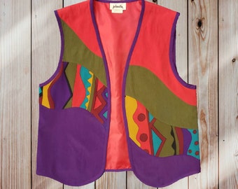 Vintage 1980s Jo Hardin Vest Abstract All Over Print Graphic Colorblock Boho Polyester Womens Size 8 Made in USA (A10)