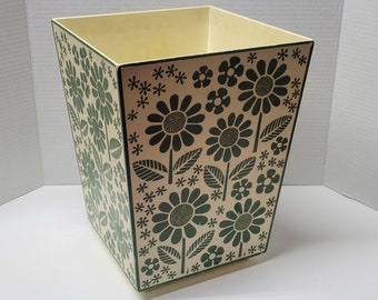 Vintage 1970s Mirra-Cote Wastebasket Garbage Can Mid Century Modern Floral Daisy Pattern MCM Trash Bin Made in the USA 12" Tall