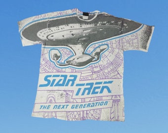 Vintage 1990s Changes Star Trek Tshirt Single Stitch All Over Print USS Enterprise The Next Generation Size XL Made in USA Sci Fi Television