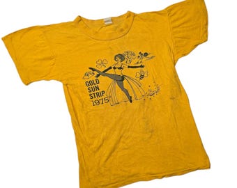 Vintage 1970s Distressed Gold Sun Strip Tshirt Burlesque Dancer Graphic Single Stitch Size Small Made in USA
