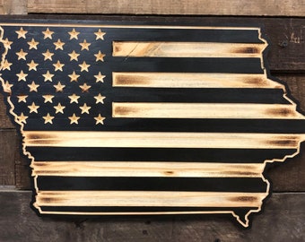 Rustic Flag Painted logo Torch Burned Made in the USA 19.5 x 37 Hand crafted wooden Iowa flag