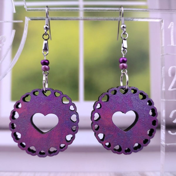 Purple Pink Blue Iridescent Doily Earrings - Handcrafted Hand Painted Wood Earrings - Valentine's Day Scalloped Hearts