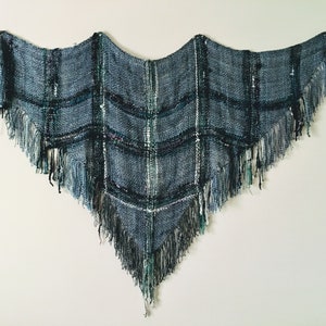 Silky Smooth 100% Handmade Woven Shawl 7 ft, Blues, Greys, Silk, Merino, Tencel, Sparkle, Handspun yarn, Gift, Excellent drape