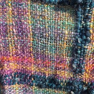 Handspun yarn woven weaving 7 foot shawl Hand dyed yarn lightweight soft one of a kind loom woven pink, yellow, blue, green, beach, tropical