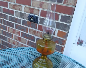 Mid Century Oil Lamp Textured Amber Glass and Tall Chimney