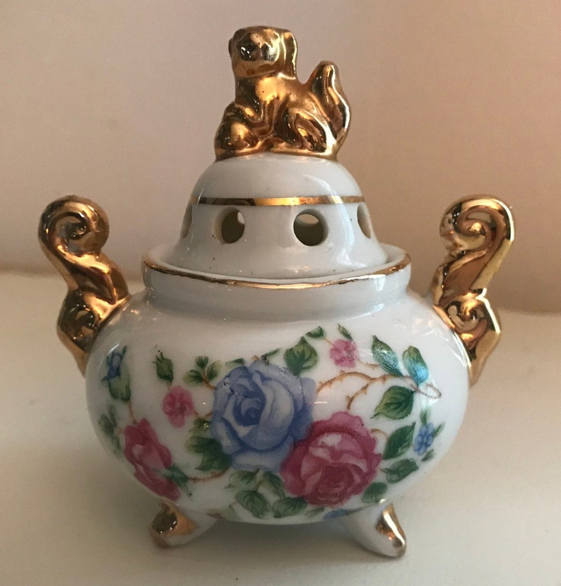 Porcelain Potpourri Jar Japan Small Gilded Vintage Dog Finial Etsy