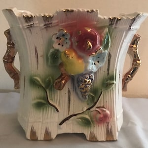 Vintage Tilso Porcelain Vase Japan Gilded Footed Hand Painted - Shaped Like a Basket with Handles
