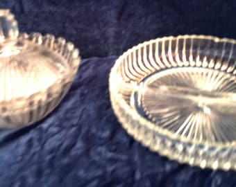 Pair of Ribbed Glass Lidded Bowl and Divided Serving Dish -- Vintage