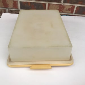 May include: A rectangular, off-white plastic container with a matching lid. The container sits on a yellow base with a yellow latch. The lid has a slight indentation in the center.