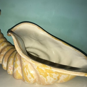 May include: A ceramic seashell planter with a yellow and white glaze. The planter is shaped like a conch shell with a large opening at the top.