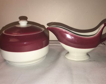 Caribe Restaurant Ware Cranberry and White China Creamer with Handle and Covered Sugar Bowl -- Heavy Duty Yet Stylish and Pretty!